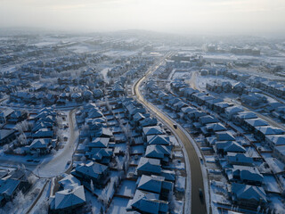 Aerial view of a Calgary residential area on a freeezing winter day.