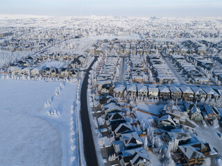 Aerial view of a Calgary residential area on a freeezing winter day.