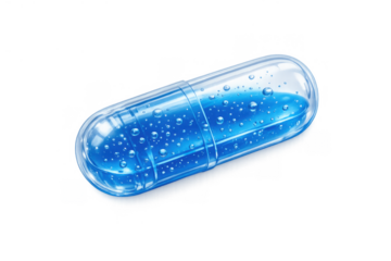 Blue transparent liquid gel capsule containing medical medication for healthcare, pharmacy, science, and wellness. Transparent background