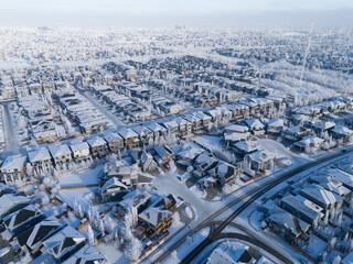 Aerial view of a Calgary residential area on a freeezing winter day.
