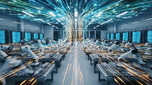 Abstract digital visualization showing data flow connectivity across a smart factory floor networking system internet of things, connection, network