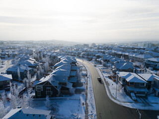 Aerial view of a Calgary residential area on a freeezing winter day.