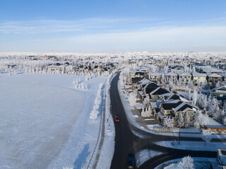 Aerial view of a Calgary residential area on a freeezing winter day.