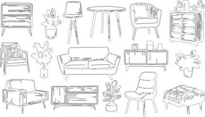 hand drawn vector illustration of a set of furniture or silhouette of various home decor made by sketch lines. © Namira