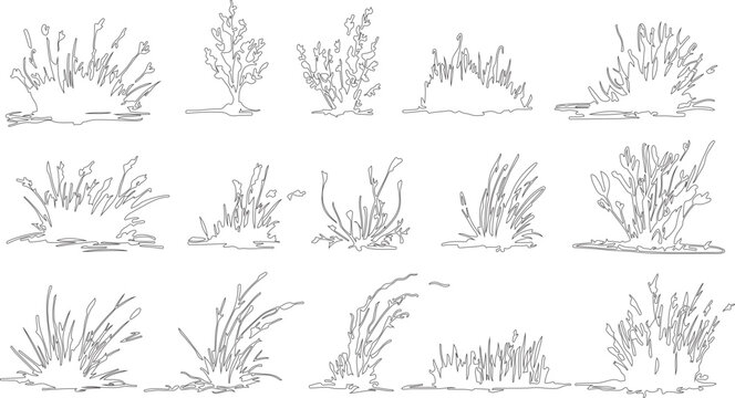 set of silhouettes of trees or grass or sketch art hand of tree or grass hand drawn design.