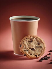 Coffee and cookie placed on a table with brown background