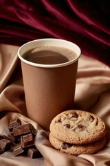 Warm drink and cookies on a soft table surface