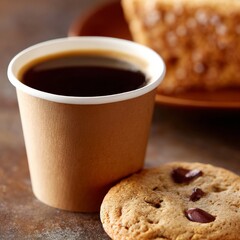 Hot coffee and cookie on a wooden table in a cafe setting