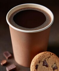 Hot coffee and cookie beside chocolate pieces on wooden surface