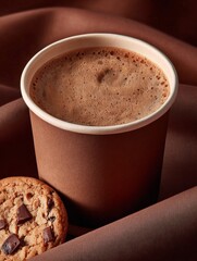 Rich hot drink and cookie on a brown surface in a cozy setting