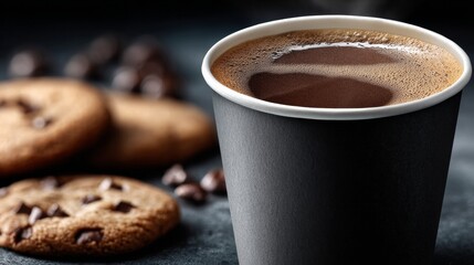 Warm drink and cookies on a dark table during the morning