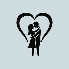 Romantic couple hugging silhouette inside heart shape vector illustration icon
