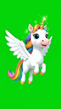 Cartoon Unicorn with Rainbow Mane on Green Screen - This video shows a cartoon unicorn with a rainbow mane and tail.