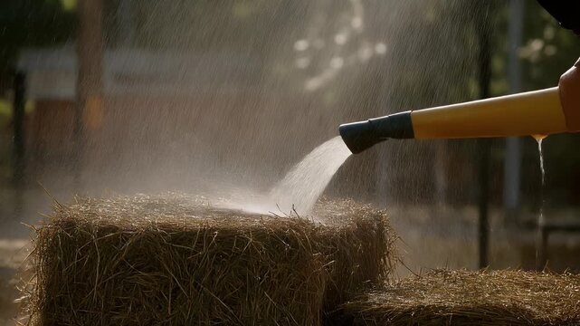 Watering hay bales on a farm, irrigation process, cultivating and hydrating hay bales, agriculture concept