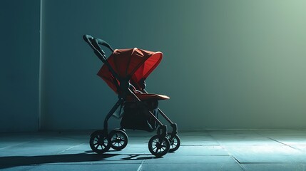 Empty baby stroller with a red canopy stands silhouetted in a dramatic, dimly lit hallway setting.