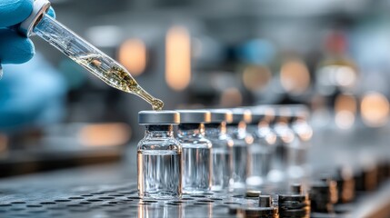 A sterile facility's lab technician, clad in blue gloves, operates automated pharmaceutical manufacturing equipment with glass vials on the production line