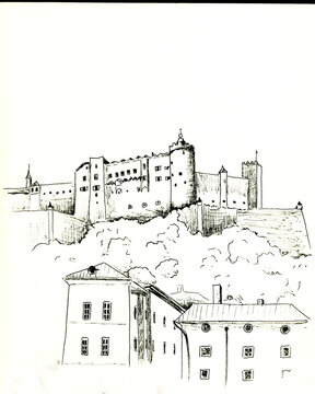 Hand-drawn ink sketch of a medieval castle on a hill overlooking city buildings. Vintage architectural illustration with detailed towers, fortress walls, and urban houses in a classic style.