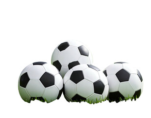 Group of soccer balls sitting on grass with a black background