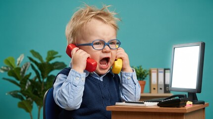 Stressed toddler businessman screaming into two phones at a computer desk