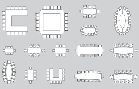 Seat plan icon set, furniture set, seat map, top view, floor plan, architectural plan with blueprint, chair and tables, conference, office, home, symbol, customizable stroke, vector, illustration