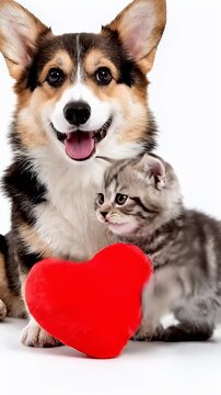 Dog and Kitten with Heart - A corgi dog and a tabby kitten pose with a red heart-shaped plush. The kitten is biting into the heart.