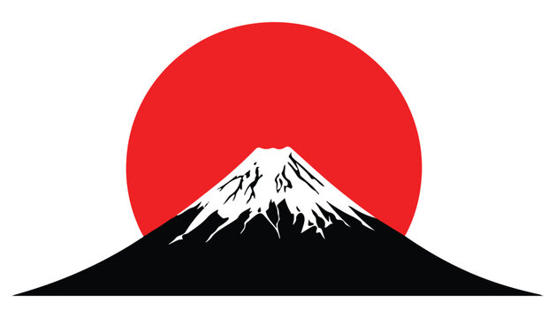Illustration of vector illustration of mount fuji with a rising red sun behind it
