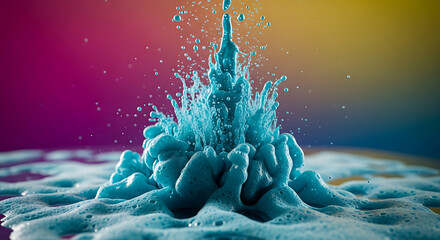 A mesmerizing display of turquoise liquid erupting upwards, creating a dynamic splash against a vibrant backdrop of pink, yellow, and purple hues, showcasing the beauty of fluid dynamics and color int