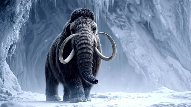 Solitary woolly mammoth with large tusks walking through a frozen ice cave during a snowstorm, evoking the pleistocene epoch and the harsh conditions of the last glacial period