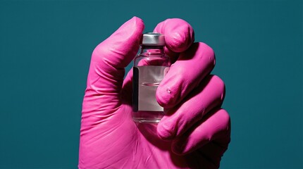 Close up of hand in pink medical glove gripping vial with clear liquid