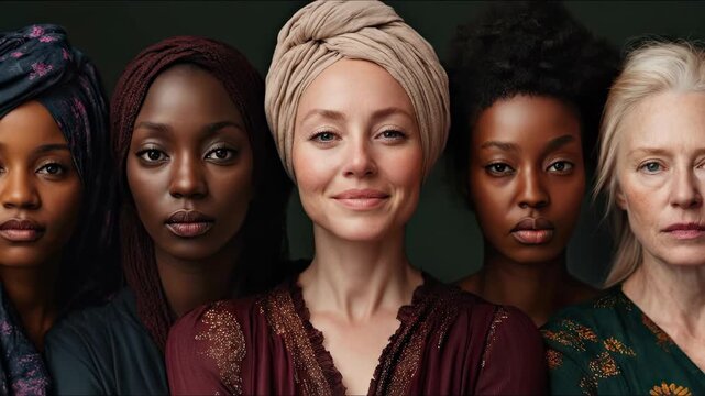 Diverse group of women with varying expressions featuring neutral, serious, and smiling facial gestures for multicultural female representation