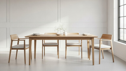 Contemporary dining room interior with white walls and spacious clean layout