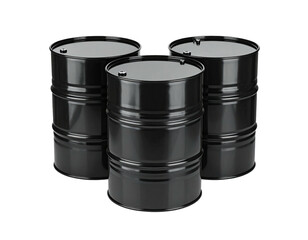 Three identical black metal industrial drums against a dark background, lit to show metallic sheen