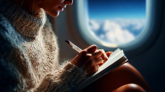 A person is actively engaged in writing while seated by an airplane window, capturing thoughts and moments against a picturesque backdrop of clouds and clear skies during a flight.