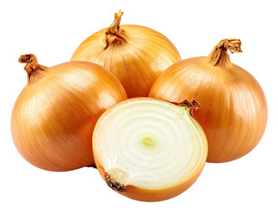 Fototapeta premium Four golden onions, one cut to show the internal rings, isolated on black background