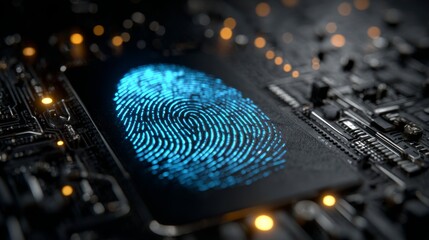 The glowing digital fingerprint appears on a futuristic circuit board, highlighted by purple neon lighting for cybersecurity and biometric authentication technology