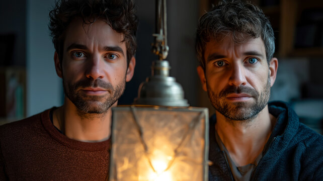 Two men stand on either side of a glowing lamp, their faces illuminated by its soft light. Intense gazes meet the camera's eye.