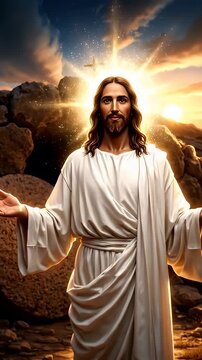 Jesus Christ Resurrection Scene - This video depicts Jesus Christ standing with open arms in front of a large stone, symbolizing the resurrection.