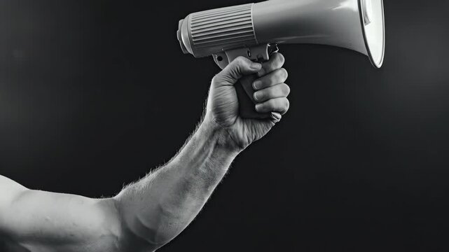 Man holding a megaphone expressing an important message. Protest and public announcement concept for marketing promotion.