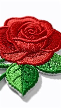 Embroidered Red Rose Patch - A close-up shot of a detailed, embroidered rose patch with vibrant red petals and green leaves.
