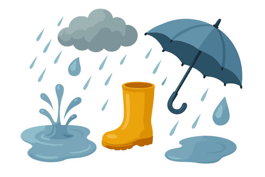 Rainy day scene with yellow rain boot, umbrella, and gray clouds over puddles of water