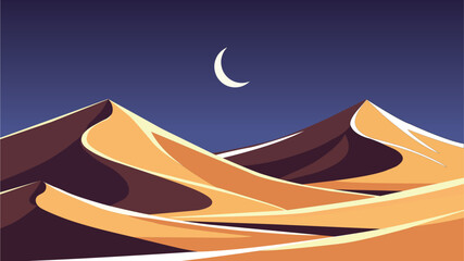 A serene desert landscape featuring rolling sand dunes under a crescent moon at night