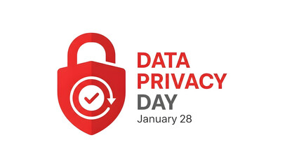 Data Privacy Day vector illustration for digital security awareness | January 28th cybersecurity and information protection graphic | Secure red shield padlock icon with checkmark and refresh arrows |