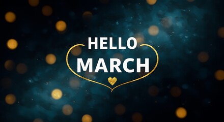 hello march greeting card with heart and bokeh lights