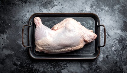 Raw Chicken Leg Quarter on Dark Tray - Fresh Poultry Preparation.