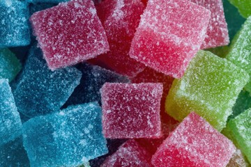 Colorful gummy candies arranged in different sizes on a flat surface with a sugar coating visible on the surface