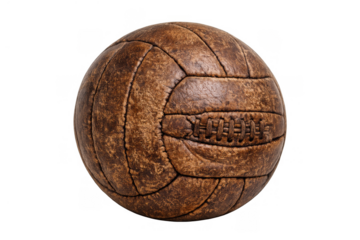 Vintage leather soccer ball with historic design and laces on transparent background, symbolizing sport heritage and retro game history