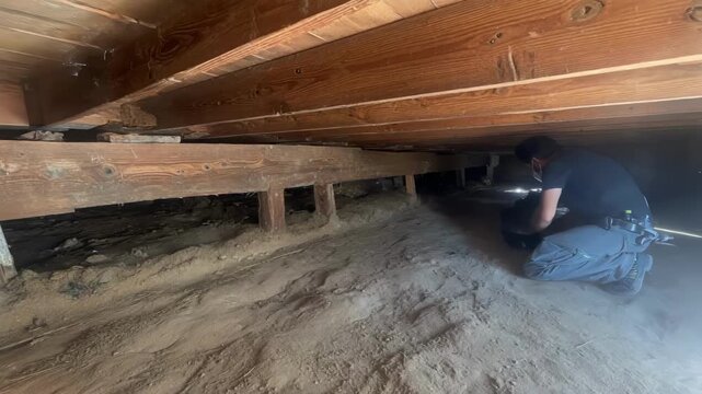 Technician wearing protective gear removing mildew from crawl space walls to improve air quality and prevent structural damage.