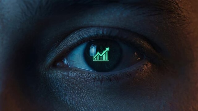 Money dysmorphia - extreme close up eye reflection smartphone screen green chart dollar sign hyper realistic skin golden ratio cinematic lighting tech dystopia