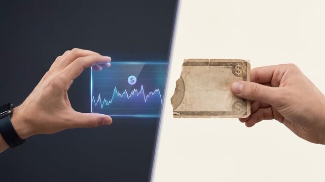 Money dysmorphia - split composition hand glass phone dollar graph other hand paper money faded symbol grey white background digital vs physical wealth