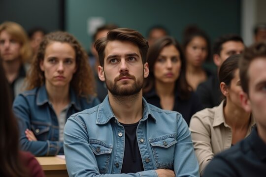 Diverse professionals appearing disinterested and distracted during dull classroom presentation.